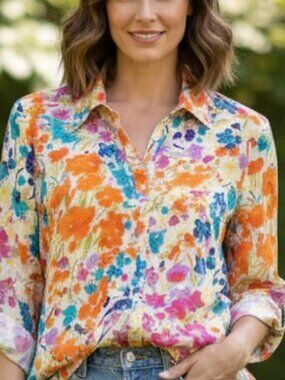 Vintage Watercolor Floral Joanna Button Down Blouse - 3/4 Sleeves size L